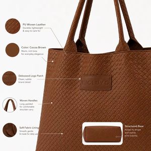 Custom Logo Brown Woven PU Tote Bag Large Capacity Women Fashion Shoulder Handbag Reusable <b>Shopper</b> OEM ODM Manufacturer - Product Image 4