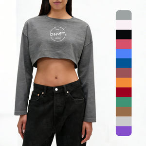 Wholesale Custom Digital Print Crew Neck Plain <b>Loose</b> Fit Crop <b>T</b> <b>Shirts</b> 100 Cotton Oversized Long Sleeve Cropped Top <b>For</b> <b>Women</b> - Product Image 1