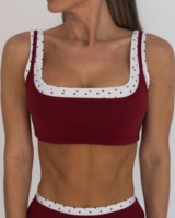 Soutien-gorge de sport respirant à double couche marron avec bretelles croisées spaghetti et bordure à pois, maintien moyen, compression, vêtements de sport