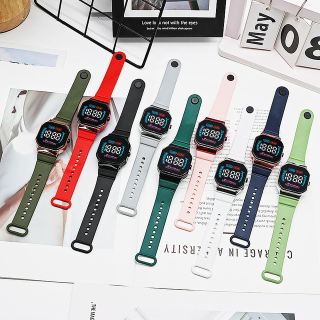 Factory Wholesale Square LED Digital Eco-Friendly Outdoor Sports Colorful Band Electronic Watch Unisex Women Men