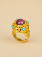 Bague Unisexe Vintage en Argent Sterling 925 Plaqué Or, Motif Pièce de Monnaie Filigranée Creuse, Grande Pierre Rouge Porte-Bonheur Feng Shui – Vente en Gros