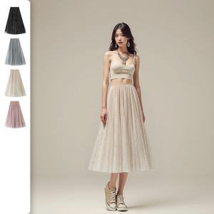 <span class=keywords><strong>Jupe</strong></span> longue plissée taille haute pour <span class=keywords><strong>femme</strong></span>, style coréen, en <span class=keywords><strong>tulle</strong></span> respirant, élastique, écologique, à pois doux, noir et gris, effet bouffant - Product Image 1