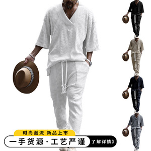 <span class=keywords><strong>Costume</strong></span> pour <span class=keywords><strong>homme</strong></span>, nouveau printemps, style européen et américain, décontracté, ample, manches sept-huitièmes, tricot jacquard, fermeture éclair, perles, haut et <span class=keywords><strong>pantalon</strong></span> long - Product Image 6