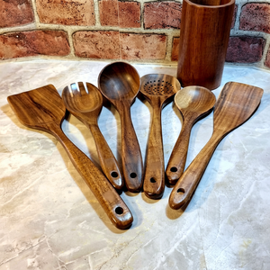 Ensemble d'ustensiles de cuisine en bois, design classique, écologique, durable, cuillère à long manche, idée cadeau de mariage - Product Image 1