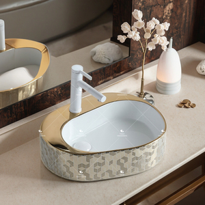 Top Sale Good Quality Handmade Electroplate Gold Color Bathroom Ceramic Countertop Art Sink Bowl