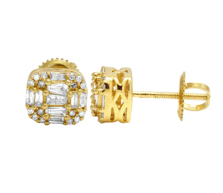 High Quality Hip Hop Fashion Fancy Earrings Gold Fill Pave White Clear Cubic Zircon Baguette Men Screw Back Earring Jewelry