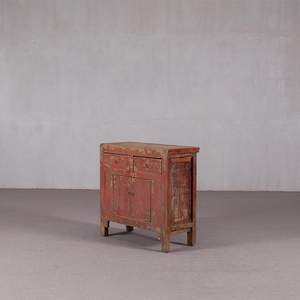 Comodino in Stile Cinese Vintage <span class=keywords><strong>con</strong></span> Finitura Laccata Rossa Invecchiata, Mobiletto per Camere in Stile Wabi-Sabi - Product Image 4