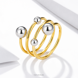 Anillo Abierto Ajustable de Acero Inoxidable con Baño de Oro de 14K y Múltiples Filas con Detalles de Bolas Redondeadas en Dos Tonos - Product Image 1