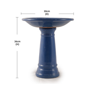 Bain d'oiseaux et mangeoire en céramique émaillée bleu cobalt brillant, design sur piédestal, pour extérieur, intérieur, maison, jardin, avec trou de drainage en terre cuite - Product Image 3
