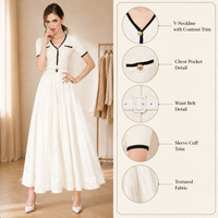 Robe Évasée en Maille à Col V et Bordure Contrastante, Manches Courtes, Ceinturée, Élégante pour Femme – Collection Été 2026