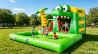 Structure gonflable 3D Crocodile Jungle avec toboggan et piscine à balles verte pour enfants, en PVC écologique, usage commercial