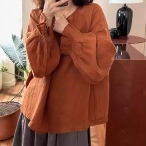 Nuova camicetta di <span class=keywords><strong>lino</strong></span> 100% con maniche a lanterna <span class=keywords><strong>arancione</strong></span> da <span class=keywords><strong>donna</strong></span> in puro stile francese Cool look di fascia alta estetica Top Pullover largo - Product Image 1