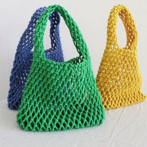 Bolso de Playa Pequeño de Malla Hueca de Algodón de Color Sólido 2024, Bolsos de Mano Portátiles de Moda para Vacaciones para Mujer - Product Image 4
