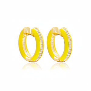 Pendientes de aro de piedra de circón de esmalte amarillo, venta al por mayor turca, joyería de plata de ley 925 hecha a mano fina - Product Image 2