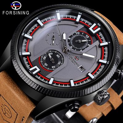 Nuovo Orologio da Uomo Forsining 382 Marrone, Cinturino in Vera Pelle di Lusso, Orologio Meccanico Automatico Sportivo e alla Moda
