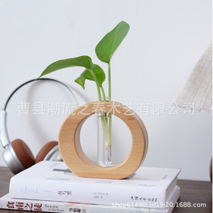Conteneur simple en bois pour plantes hydroponiques, ornement de bureau créatif pour la décoration de la maison, vase en bois, tube à essai, verre transparent - Product Image 1