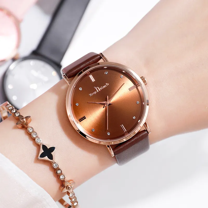 Elegant brown leather strap ladies dress watches quartz waterproof round watch plate women wristwatch