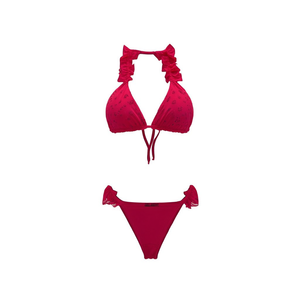 Costume da bagno bikini taglie forti HDJ con top a balze e laccetti laterali, set due pezzi tinta unita da donna, taglie 44 46 48 50 - Product Image 1
