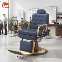 Fauteuil de Barbier Professionnel Bleu avec Cadre Métallique Doré, Pivotant et Inclinable, pour la Coiffure et l'Esthétique (Vente en Gros)