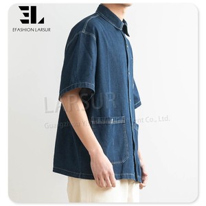 LARSUR produttore di abbigliamento personalizzato cotone saia maniche corte camicie da lavoro Multi tasca con bottone Jeans Jeans camicia da lavoro per gli uomini - Product Image 3