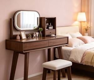 Premium Walnut Dressing <b>Table</b> Set Adjustable Oval LED <b>Mirror</b> Side Open Storage Cabinet Makeup <b>Vanity</b> With Stool - Product Image 5