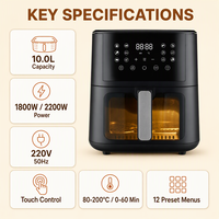 Penggorengan Udara Rumah Tangga Kontrol Sentuh 1800W 10.0L Jendela Transparan untuk Warung Makanan Bersertifikasi CB CE ROHS LFGB REACH ERP KA13142