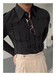 <span class=keywords><strong>Chemise</strong></span> <span class=keywords><strong>homme</strong></span> coupe ajustée à col intégré, manches longues, style italien, en coton mélangé avec gaze de mousse, infroissable, pour affaires - Product Image 5