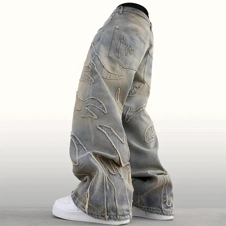 Custom men vintage washed embroidery distressed patch super baggy denim patchwork jeans designs man