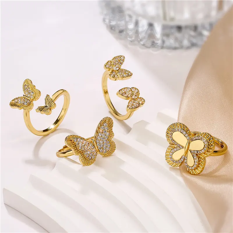 Multi Type 18K Gold Plated Ring Tiny Butterfly Cubic Zircon Inlaid Brass Finger Ring For Women