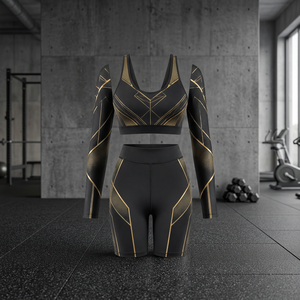 Ensemble de compression à manches longues pour femme, imprimé géométrique noir et or, séchage rapide, en Spandex et Polyester, idéal pour l'entraînement - Product Image 3