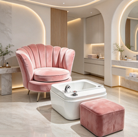 Fauteuil de pédicure haut de gamme personnalisé en velours rose avec dossier coquille, pieds dorés et repose-pieds pour salon de manucure, SPA, villa de bien-être