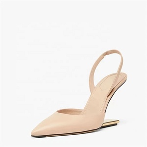 Metallic High Heeled Shoes Women Sexy V-Cut Party Slingback Fashion Genuine Leather Pointed Toe Pumps Black <b>Sandals</b> - Product Image 2