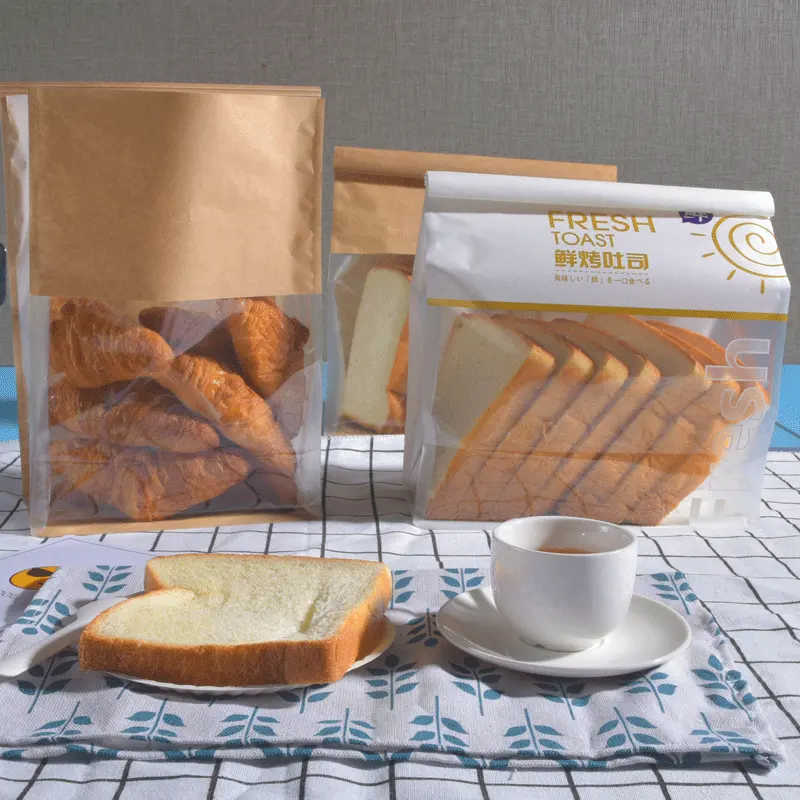 Sac pliable à fond plat pour pain à emporter, sacs en papier à Toast avec fenêtre transparente