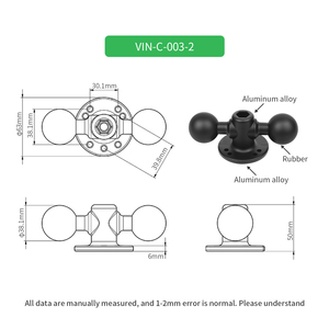 VINmounts 1.5 Inch Double Ball Adapter with Round Base AMPS Standard Holes Marine-grade Aluminum <b>Bracket</b> for Mounting 2 Devices - Product Image 2