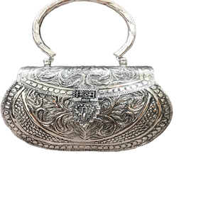 Handcrafted <b>Silver</b>-Plated Embossed Metal Luxury Ethnic Bridal <b>Clutch</b> Purse Intricate Floral Engraving Angel Theme for Weddings - Product Image 1