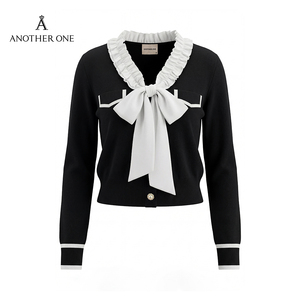 Cardigan in maglia bianco e <span class=keywords><strong>nero</strong></span> da donna, maglione <span class=keywords><strong>elegante</strong></span> a maniche lunghe con fiocco sul collo e bordo a contrasto - Product Image 2