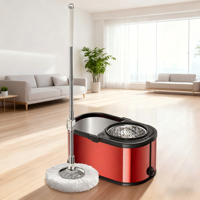 Set Mop Putar 360 Derajat BassQueen Merah Grosir Pabrik, Ember dengan Sistem Peras Otomatis, Gagang Ekstensibel 137cm, Stainless Steel 2