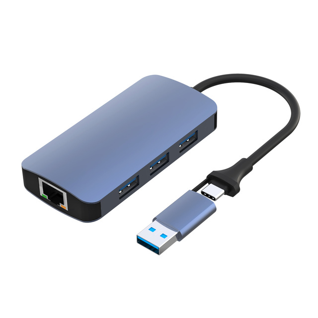 High Quality 4-in-1 USB Hub 2.0 Support 100 Mbit Data Transmission RJ45 Adapter Type-C Ethernet Adapter in Grey Stock Available