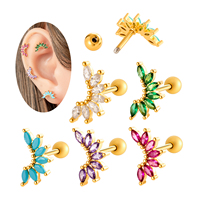Anting-anting tusuk emas lapis emas dengan hiasan bola mahkota warna-warni, zircon marquise, untuk tulang rawan, tragus, helix, dan daun telinga.