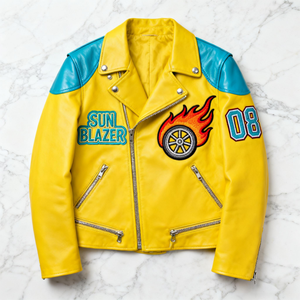 Blouson de moto en cuir classique <span class=keywords><strong>vintage</strong></span> de couleur jaune à la mode blouson de course bombardier en cuir avec logo OEM pour hommes design personnalisé - Product Image 3