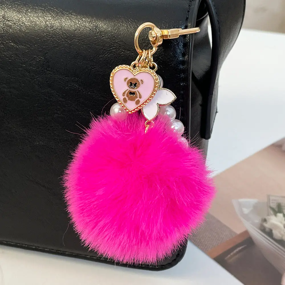 Safety Keychain Jewelry For Women Girls Mini Bag Toys Cute Custom Anime Animal Bear Cat Plush Feather Keychain Keyring
