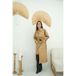 Abrigos de Cuero Beige Casuales Vintage al por Mayor para Mujer, Largos, de Algodón, Estampados para Otoño/Invierno, Personalizados, de Cuero Genuino - Product Image 4