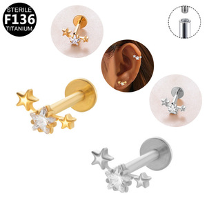 Joyería Corporal de Titanio y Circonio ASTM F136 para Piercing de Tragus, Hélix, Daith y Lóbulo, Forma de Estrella, 8MM, Parte Trasera Plana, Rosca Interna, Labret - Product Image 3