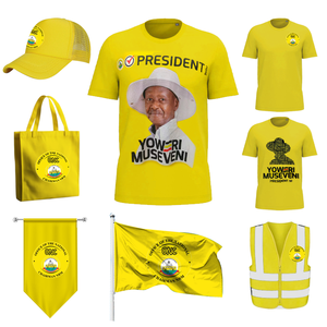 140-150GSM Uganda campaña electoral presidencial camiseta gorra bandera chaleco conjunto artículos promocionales para seguidores de Yoweri Museveni - Product Image 1
