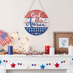 Spot wooden cross-border Independence Day US hanging <b>wall</b> <b>decoration</b> patriotic welcome door sign round red, white and blue - Product Image 3