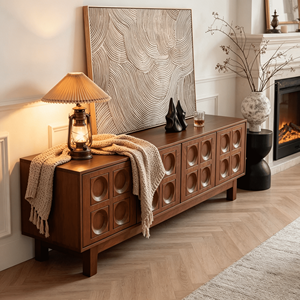 Retro Mid-Century Wooden TV <b>Stand</b> with Embossed Geometric Panel <b>Doors</b>, Media Console for Living Room - Product Image 2