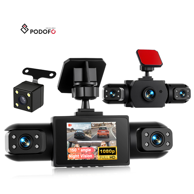 Podofo Dash Cam 1080P 4 Lens Camera 2" Front and Side Dashcam Car DVR Loop Recording Night Vision Motion Detection OEM Factory