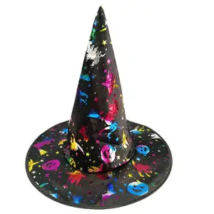 Topi penyihir kain satin pengecap emas, topi Halloween, topi penyihir ajaib, topi Halloween