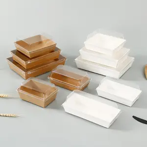 Bakery Kemasan Makanan Persegi Panjang Kotak Kertas Kraft Kotak Bungkus Sandwich dengan Tutup Bening PET Wadah Makanan Sushi