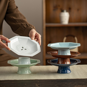 Plateau de drainage en céramique à huit côtés, design lotus, assiette à fruits en porcelaine, style zen chinois, plat à thé et à collations - Product Image 1